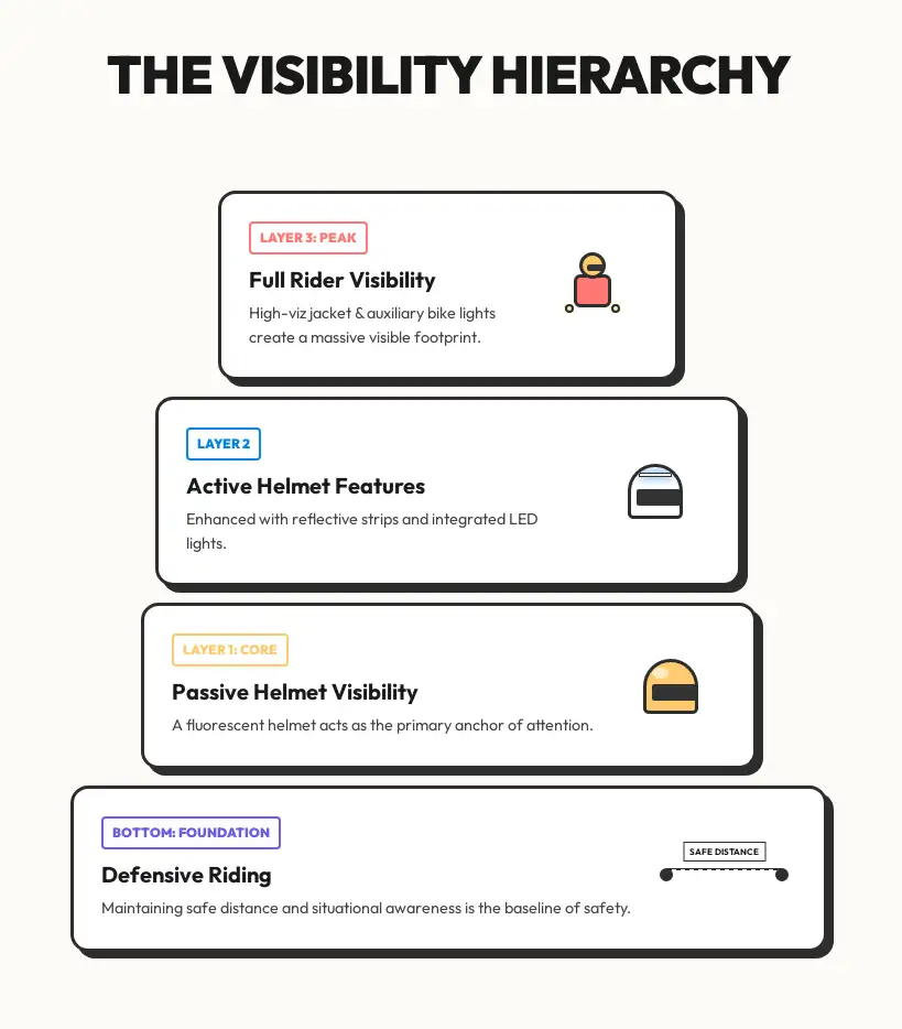 Infographic showing a pyramid of motorcycle visibility layers, starting with defensive riding, then passive helmet colors, active helmet features, and overall rider high-visibility gear.