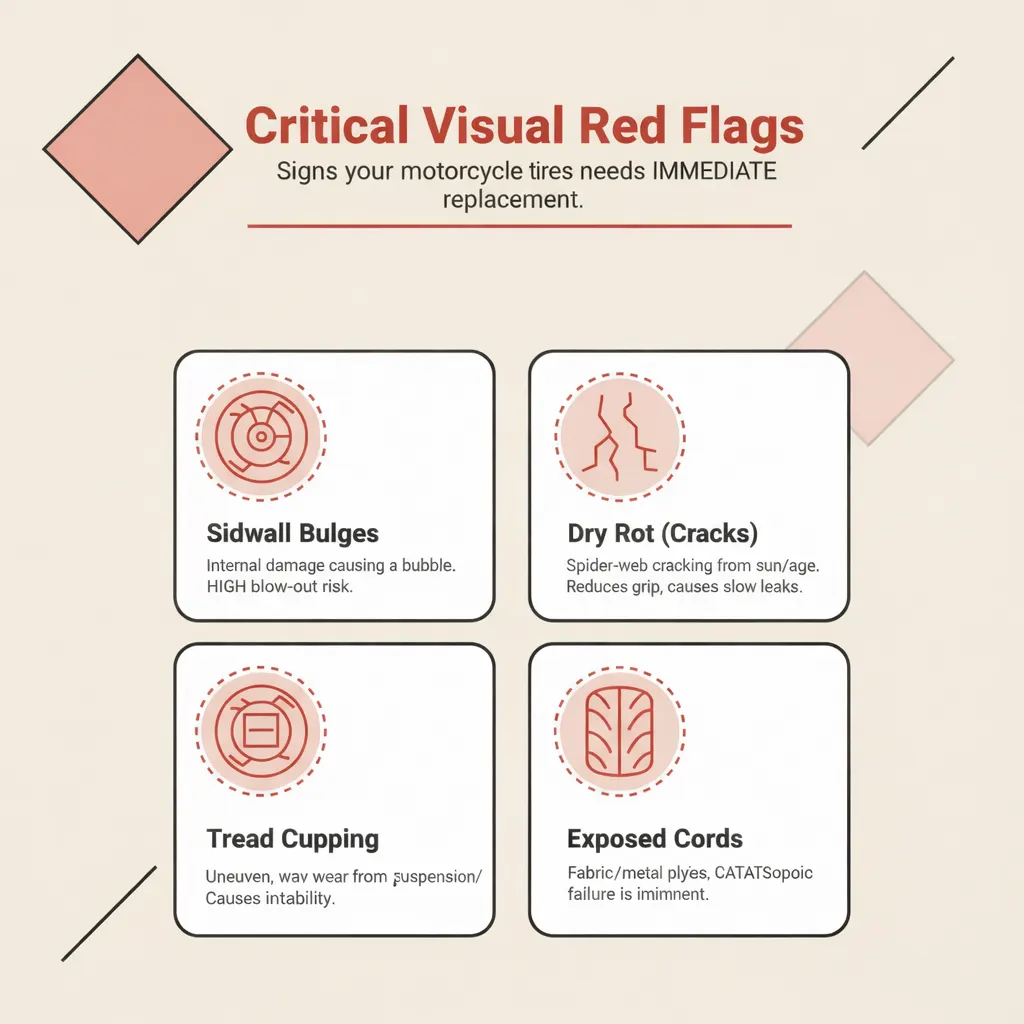 Icons showing four signs of motorcycle tire failure: sidewall bulges, dry rot, cupping, and visible cords
