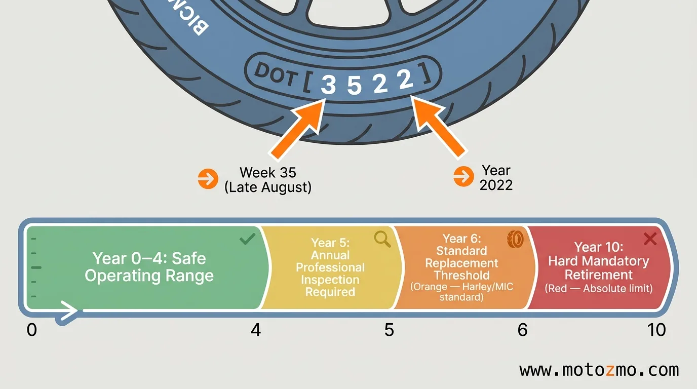 When to Replace Motorcycle Tires: Timing and Safety 2 Diagram showing how to read a 4-digit motorcycle tire DOT date code and the 5 to 10 year tire age limits