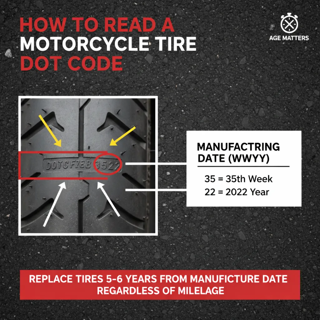 Diagram showing how to read a motorcycle tire DOT code for manufacturing date and age