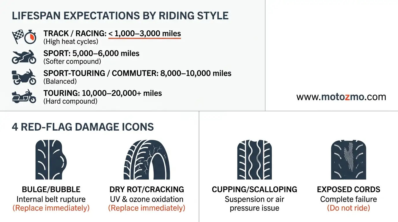 When to Replace Motorcycle Tires: Timing and Safety 3 Chart comparing motorcycle tire lifespan by category alongside visual signs of critical tire damage
