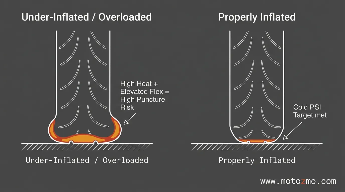 Diagram illustrating how under-inflated motorcycle tires deform on road surfaces compared to properly inflated tires