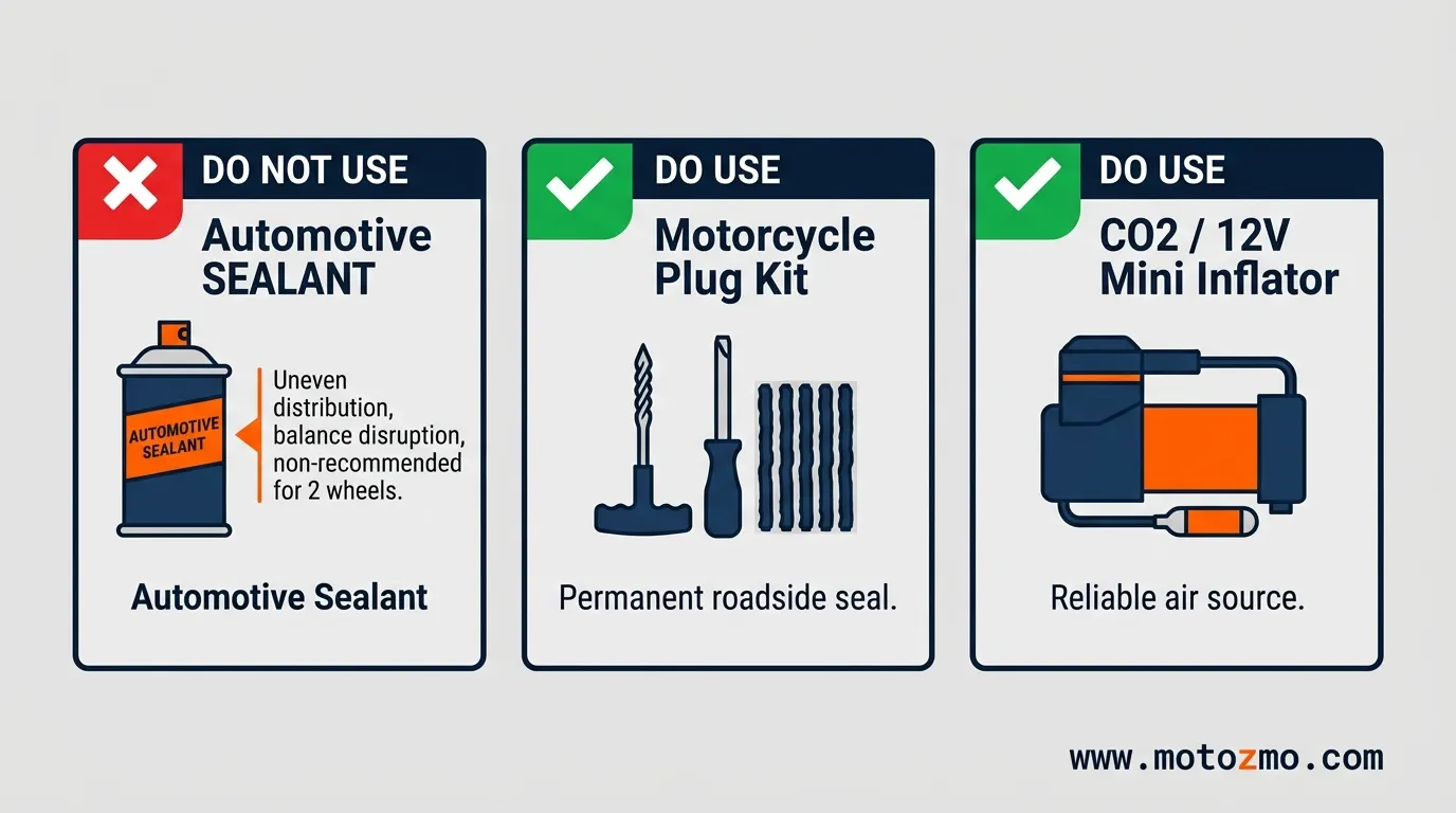 Illustrated comparison showing why motorcycle tire plug kits and mini inflators beat automotive aerosol sealants
