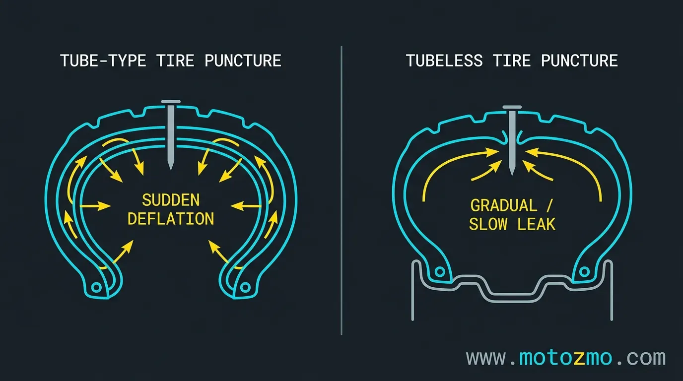 Technical cross-section graphic demonstrating air retention differences between tubeless and tube-type motorcycle tire punctures