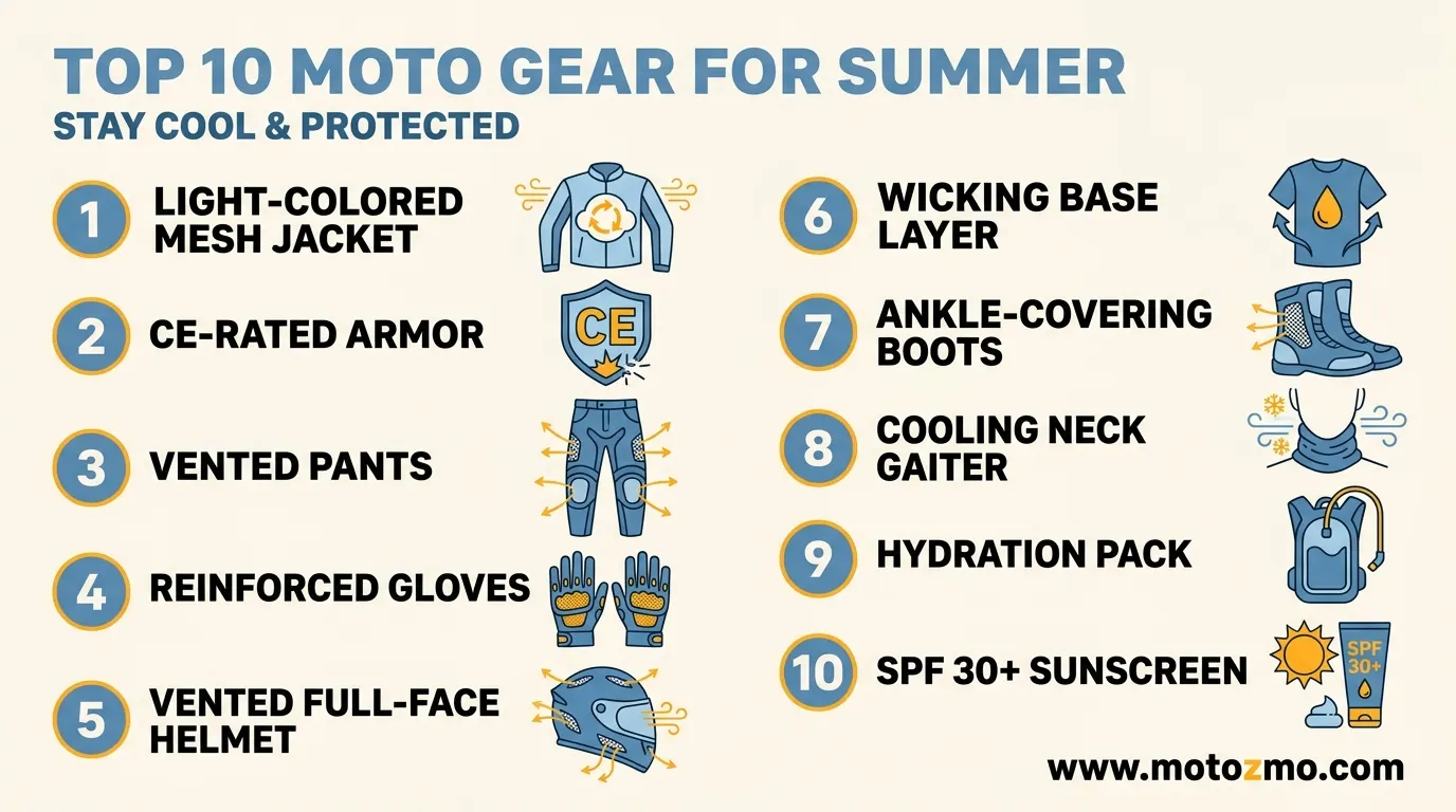 What to Wear When Riding a Motorcycle in Hot Weather 4 Illustrated 10-point checklist for motorcycle gear and safety in hot weather