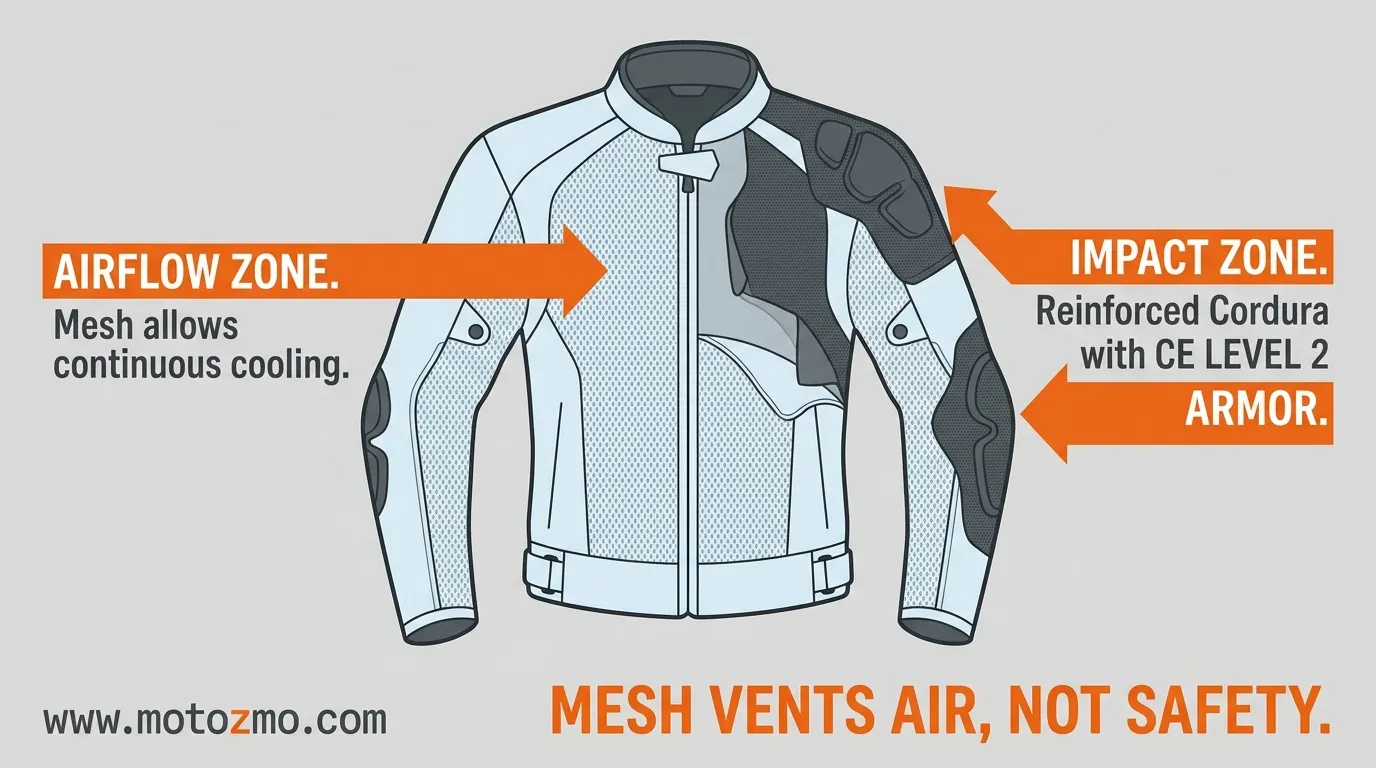 What to Wear When Riding a Motorcycle in Hot Weather 2 An infographic illustrating reinforced armor zones and mesh panels on a summer motorcycle jacket
