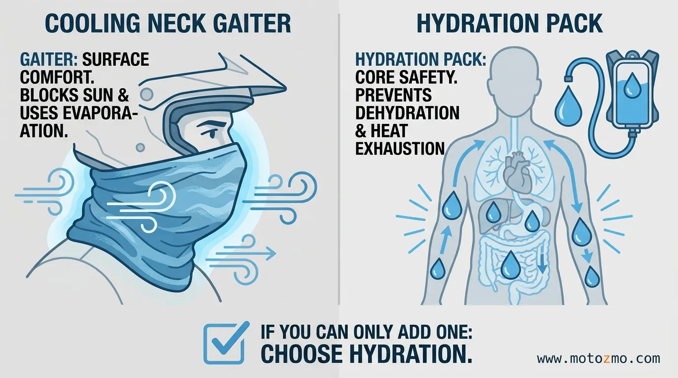 What to Wear When Riding a Motorcycle in Hot Weather 3 Visual comparison of a cooling neck gaiter and a hydration pack for summer motorcycle riding