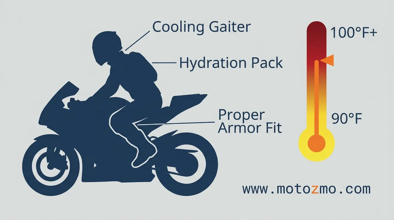 Best Motorcycle Pants for Summer: 3 Picks Worth Buying 9 Minimal rider diagram outlining key hot-weather accessories including hydration packs and cooling gaiters
