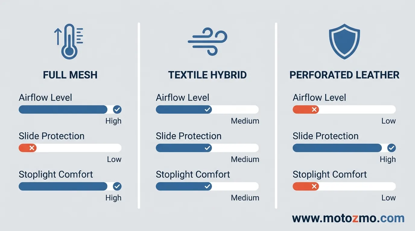 Best Motorcycle Pants for Summer: 3 Picks Worth Buying 5 Comparison chart evaluating airflow, protection, and idle comfort for mesh, textile, and leather pants