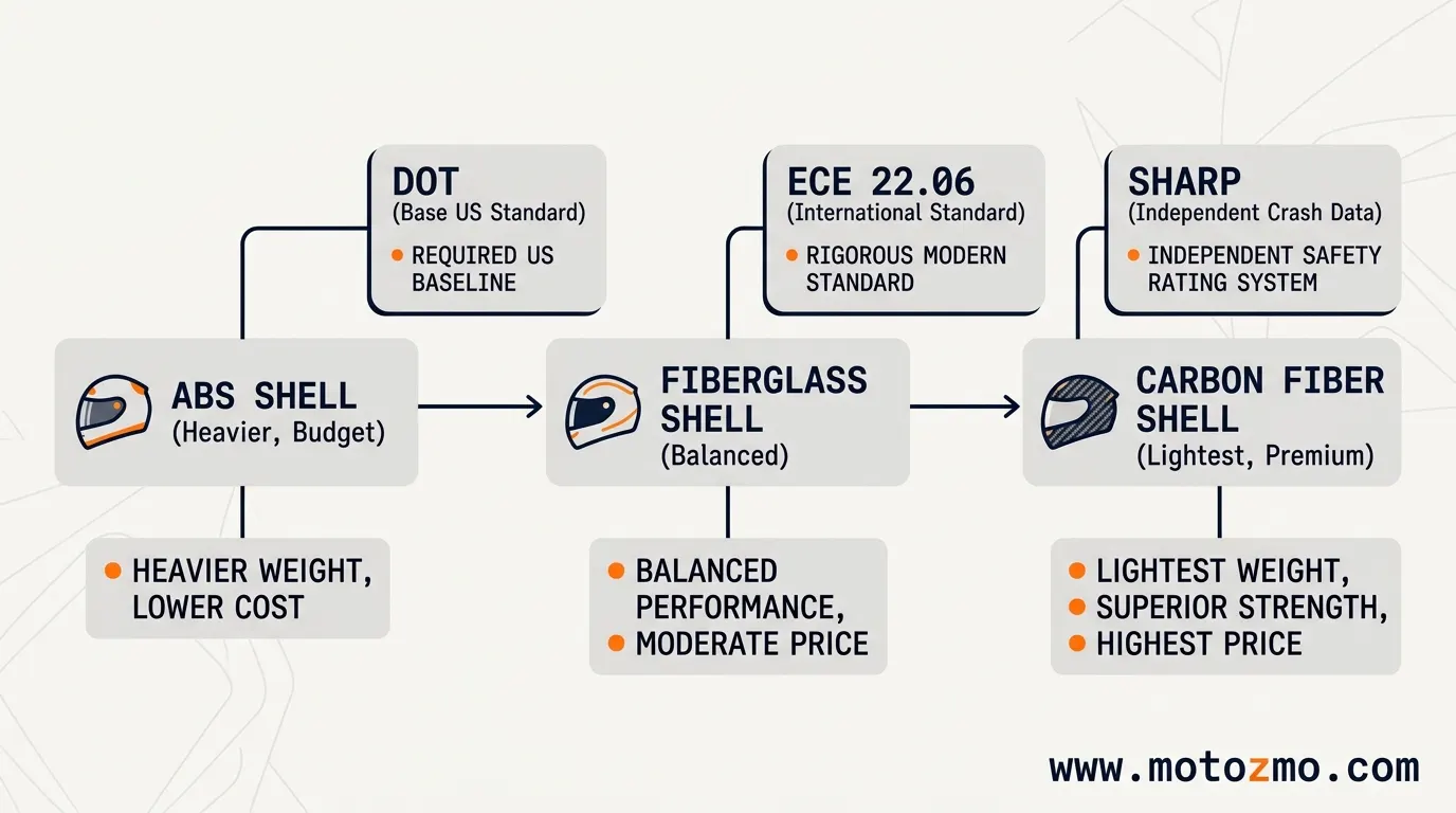 Best Retro Motorcycle Helmet for Evry Budget 14 Minimal chart mapping motorcycle helmet shell materials against DOT, ECE, and SHARP safety ratings