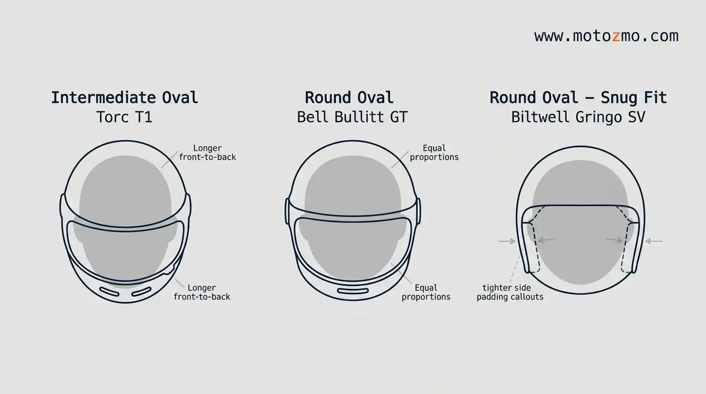 Torc T1 vs Bell Bullitt GT vs Biltwell Gringo SV 6 Top-down head shape guide showing intermediate oval and round oval fits for retro helmets