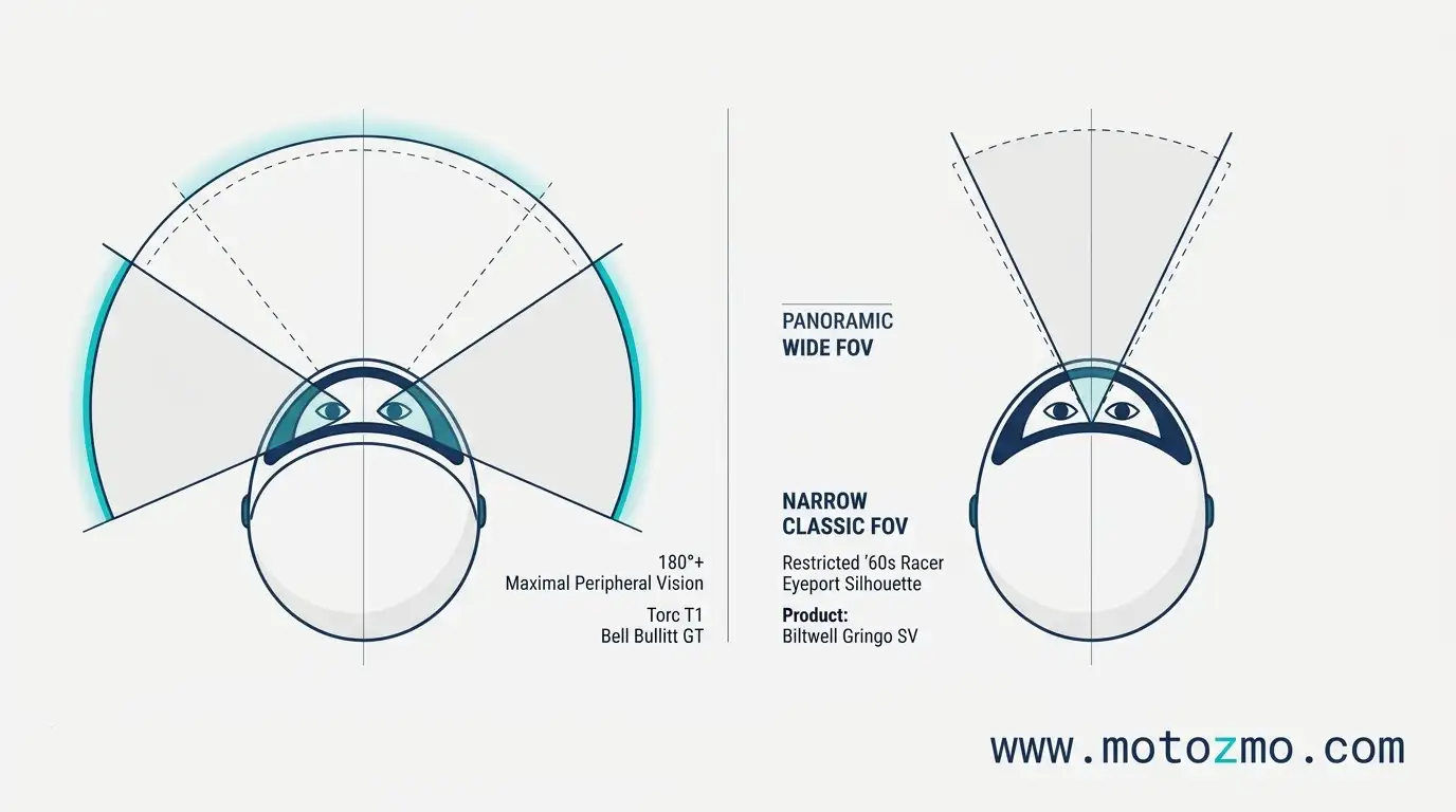 Torc T1 vs Bell Bullitt GT vs Biltwell Gringo SV 7 Field-of-view comparison diagram showing open panoramic eyeport versus narrow vintage racer eyeport
