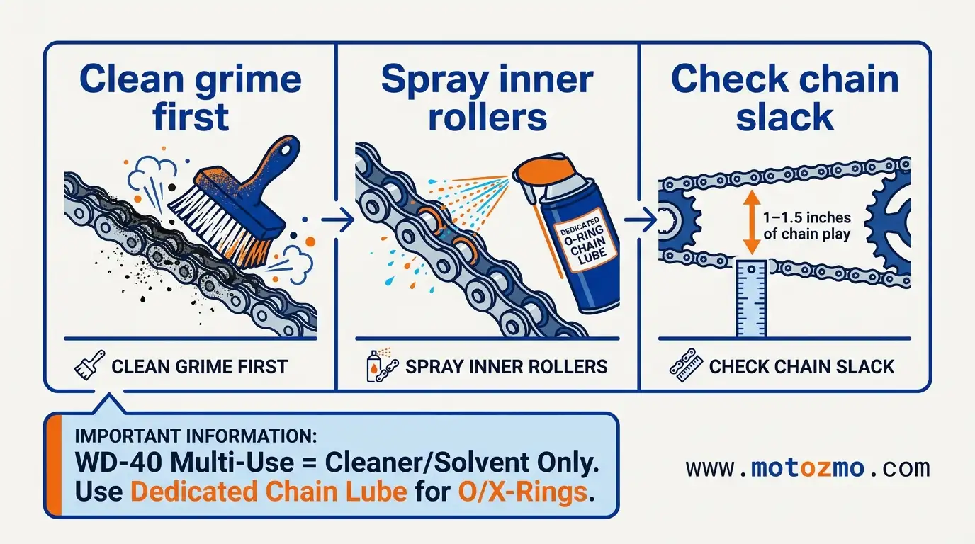10 Motorcycle Maintenance Basics Before Spring Riding 3 Motorcycle chain being cleaned with a brush and lubricated with dedicated O-ring chain spray