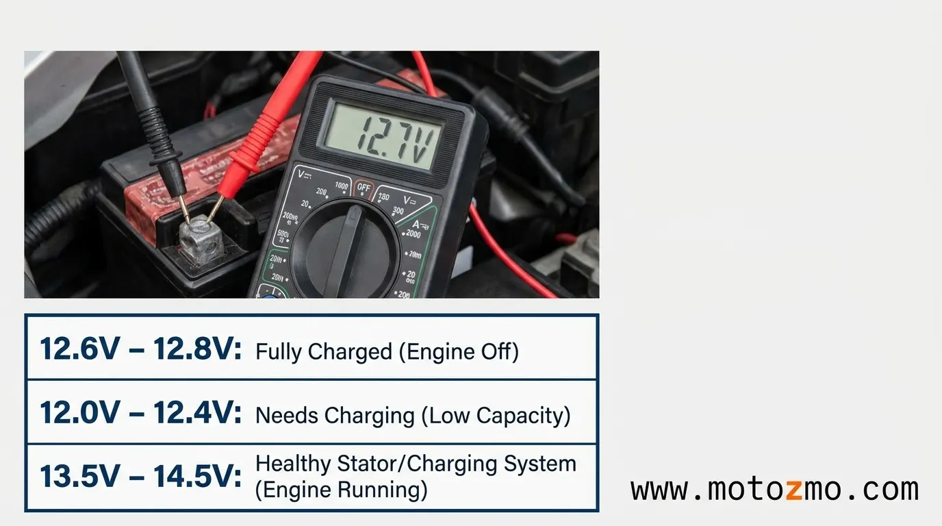 10 Motorcycle Maintenance Basics Before Spring Riding 4 Digital multimeter measuring resting voltage on a motorcycle battery with voltage health chart overlay