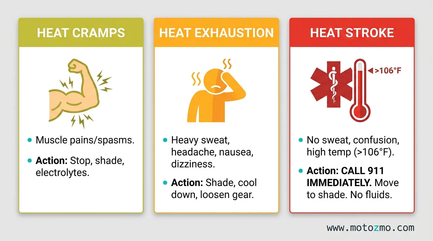 Summer Riding: How to Stay Healthy in Extreme Heat 2 Comparison graphic of heat cramps, heat exhaustion, and heat stroke signs and emergency actions for motorcycle riders
