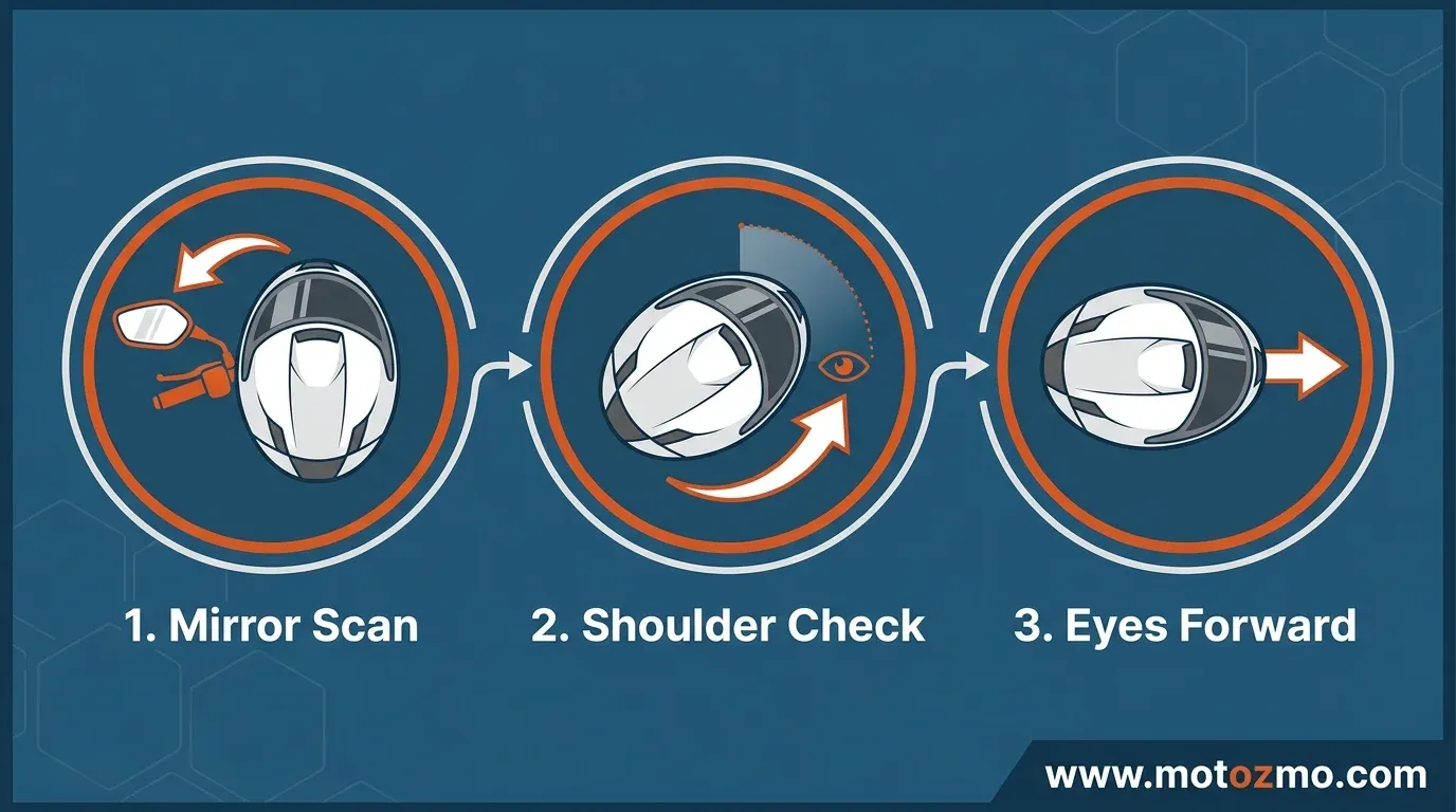 How to Avoid a Blind Spot in a Motorcycle Mirror 3 Three-step infographic showing proper rider helmet rotation for scanning mirrors, performing a quick shoulder check, and refocusing forward