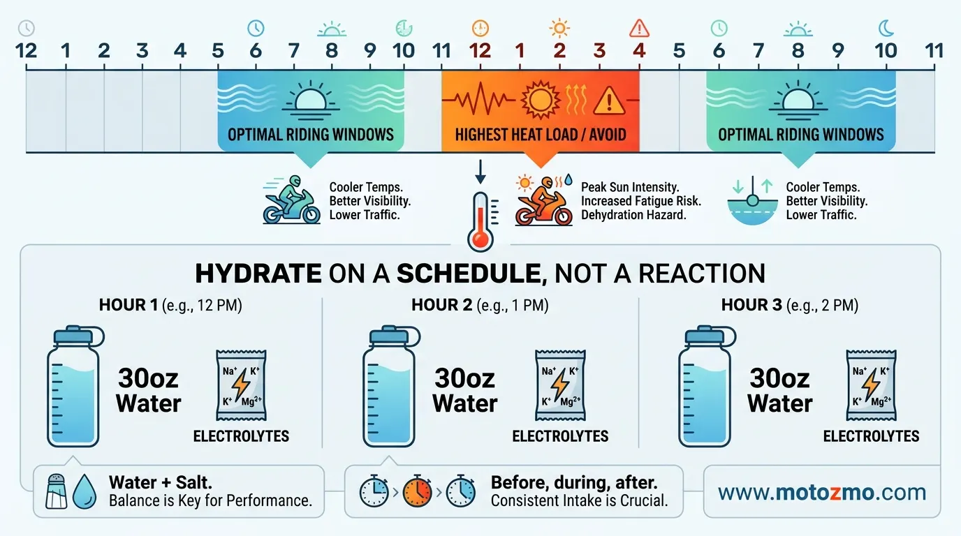 Summer Riding: How to Stay Healthy in Extreme Heat 3 Infographic schedule combining optimal riding times with required hydration volumes and electrolyte replacements per hour