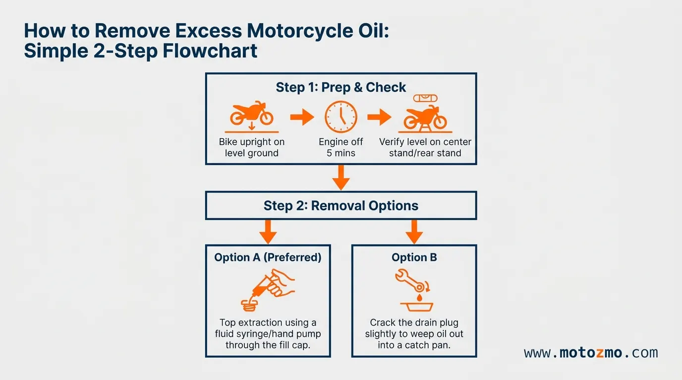 How Much Engine Oil Is Too Much for a Motorcycle? 3 Diagram illustrating how to remove excess motorcycle oil using a fluid syringe or drain plug method