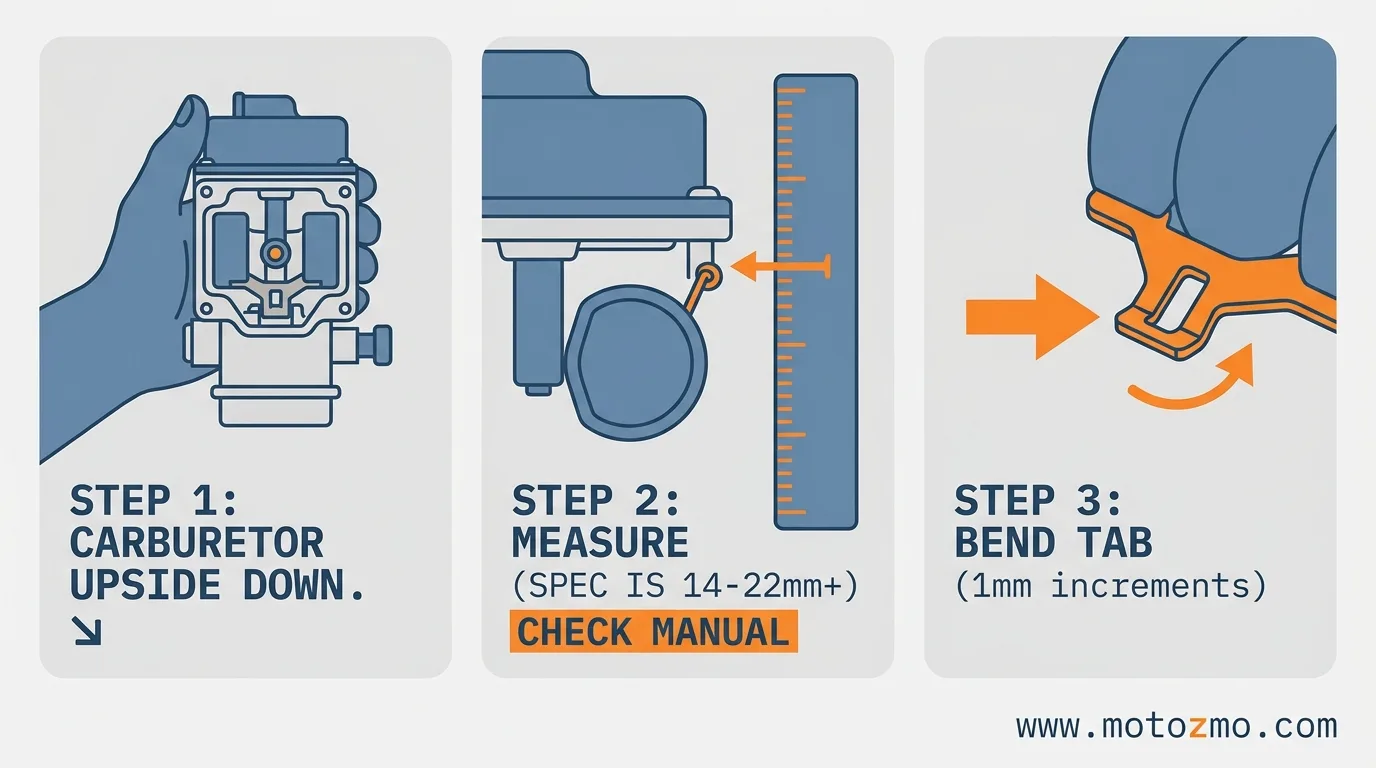 Motorcycle Carb Leaking Gas? 7 Causes and Fixes 3 Infographic illustrating three steps to measure and adjust motorcycle carburetor float height by bending the float tab