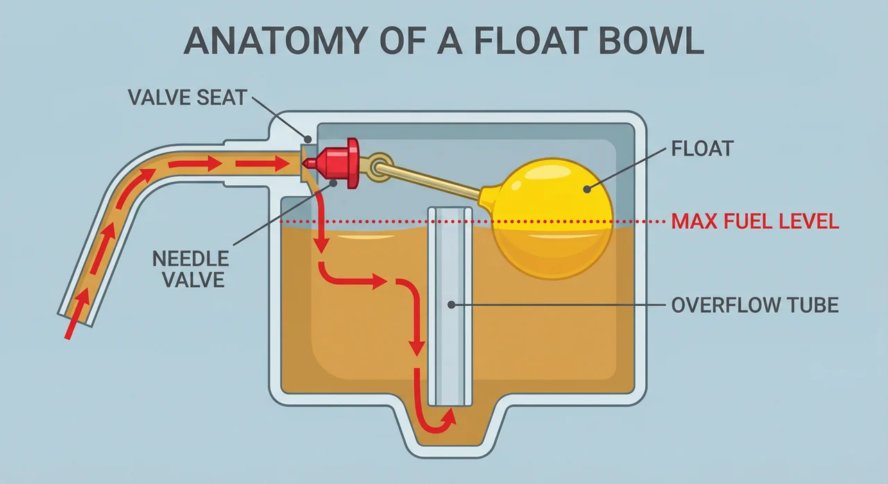 Cross-section diagram of a carburetor float bowl showing the float, needle valve, and overflow tube