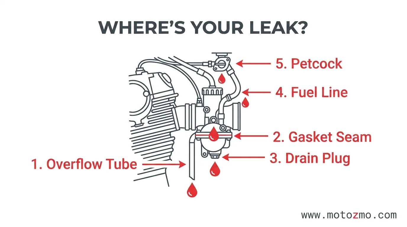 Motorcycle Carb Leaking Gas? 7 Causes and Fixes 2 Visual guide to 5 common leak locations on a motorcycle carburetor, including the overflow tube, gasket seam, and petcock
