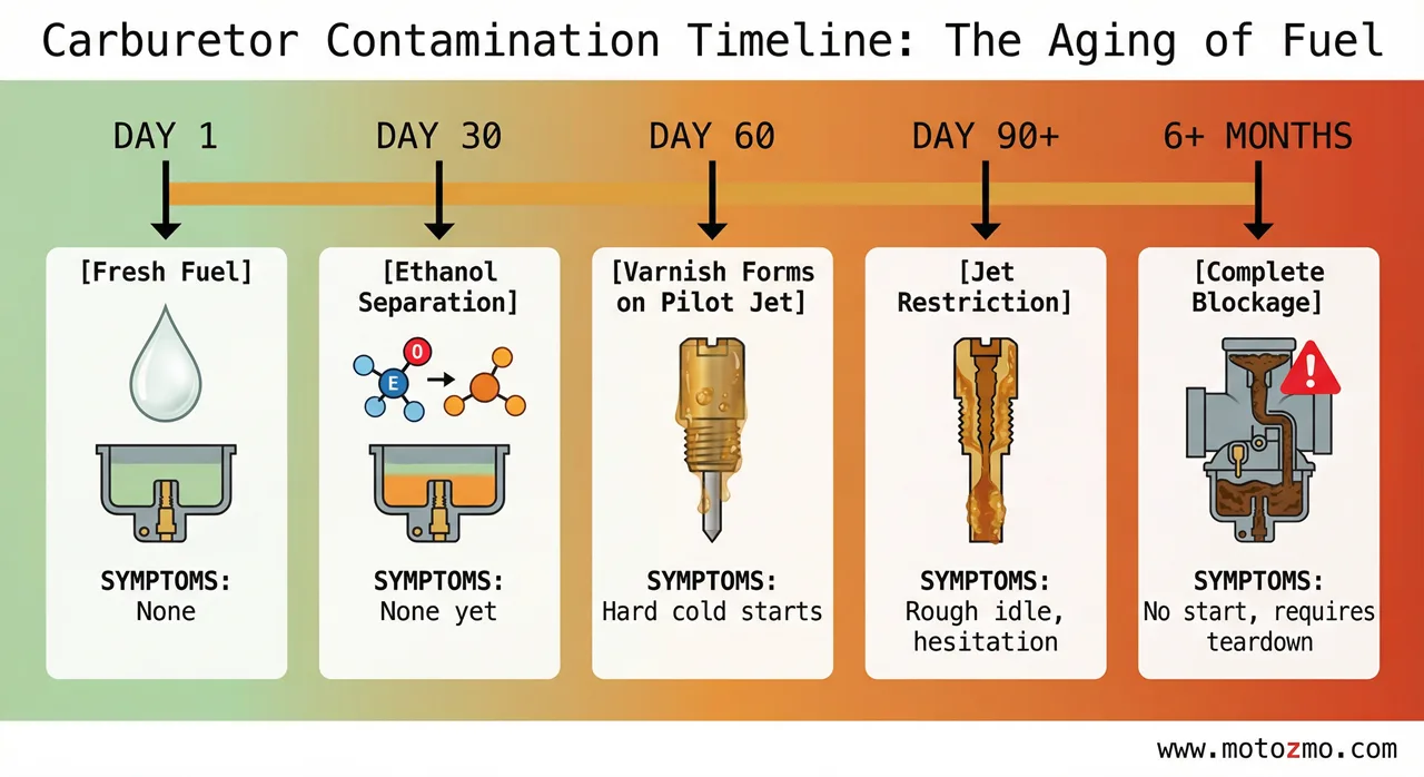How to Clean a Motorcycle Carburetor Without Removing It 2 Timeline infographic showing how gasoline degrades inside a motorcycle carburetor over 30, 60, 90 days and beyond, causing progressive jet clogging