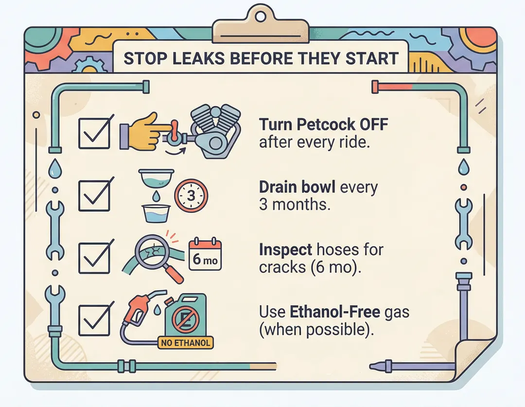 Maintenance checklist for preventing motorcycle carburetor leaks and fuel system issues