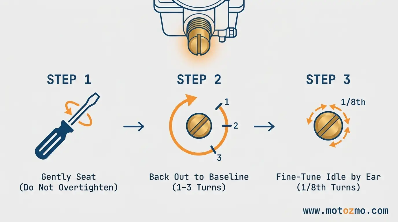 How to Clean a Motorcycle Carburetor Without Removing It 4 Diagram showing how to adjust a motorcycle carburetor idle mixture screw in 1/8th turn increments