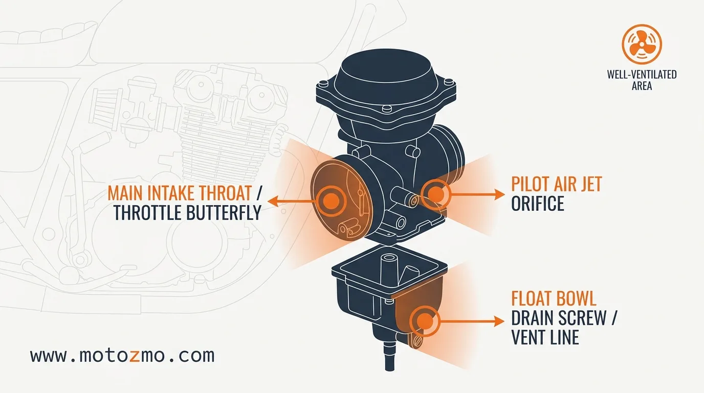 How to Clean a Motorcycle Carburetor Without Removing It 3 Diagram of motorcycle carburetor intake throat showing key spray targets for aerosol cleaner