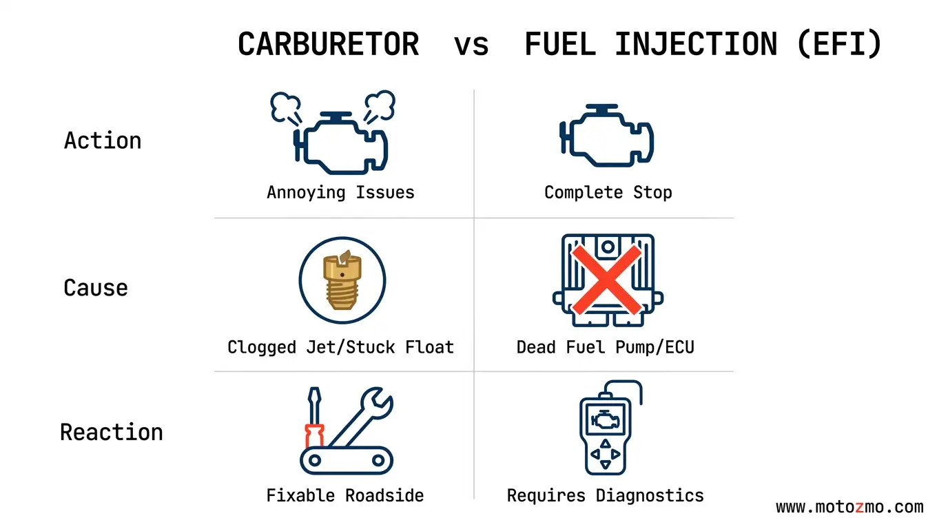 Comparison chart: Motorcycle carburetor common fixes vs. rare fuel injection stoppages