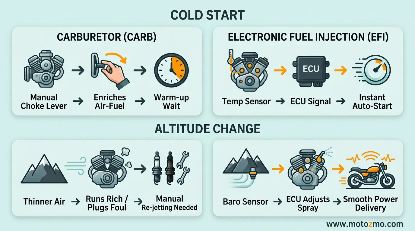 Comparison flowchart showing how carburetors and fuel injection handle cold starts and altitude changes