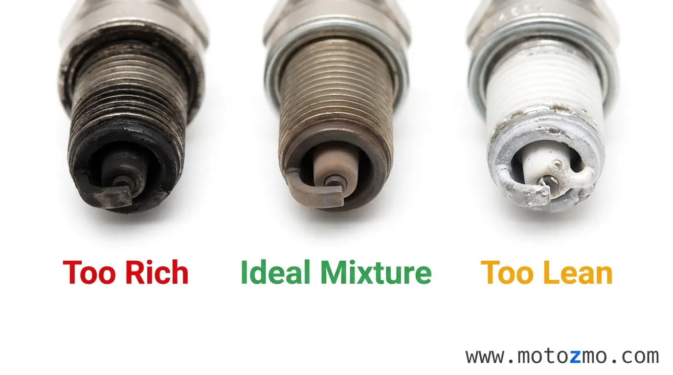 Spark plug color chart showing black for a rich mixture, white for lean, and tan for correct