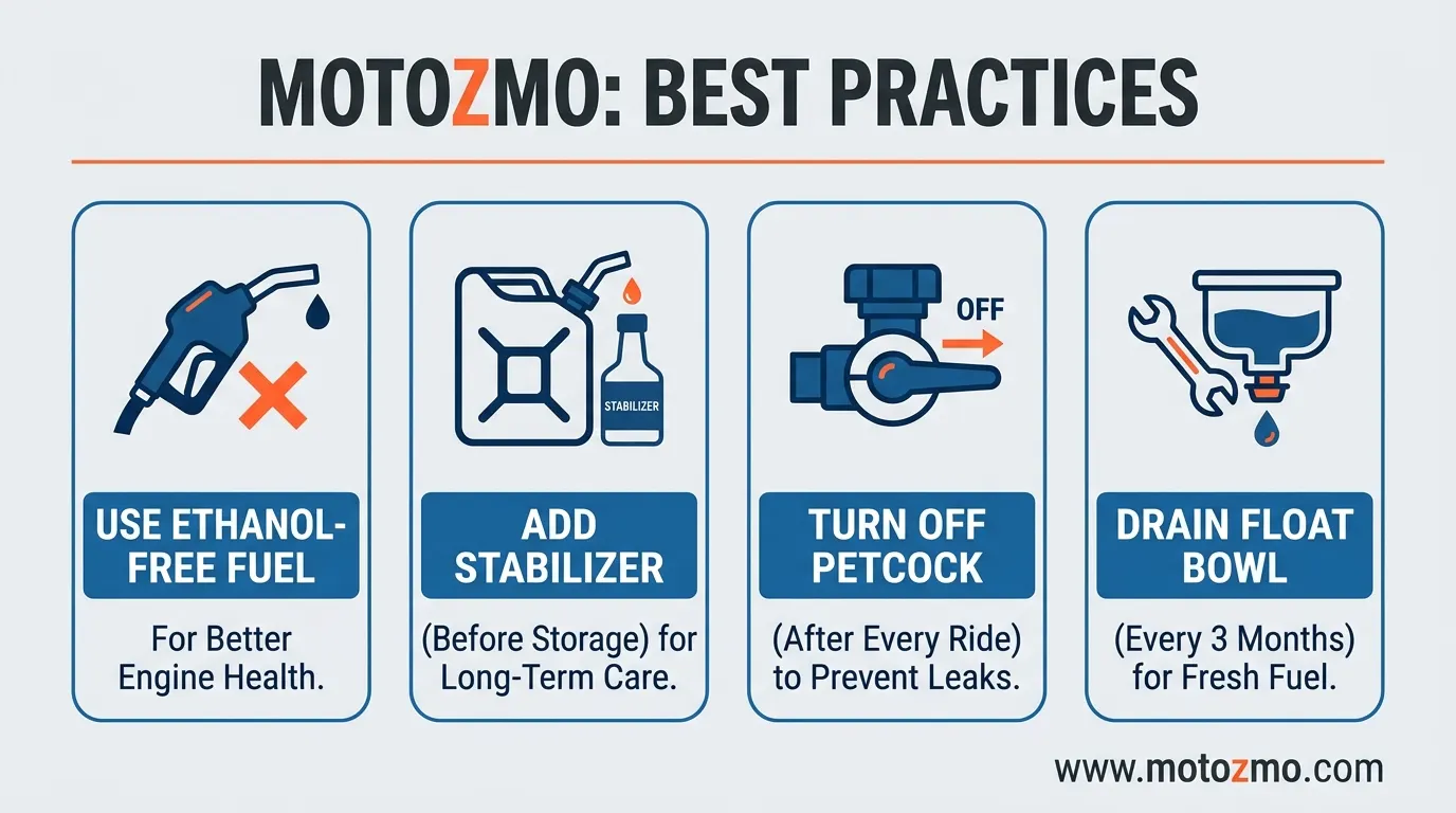 Motorcycle Carb Leaking Gas? 7 Causes and Fixes 4 Visual guide of 4 best practices to prevent motorcycle carburetor leaks, including turning off the petcock and using fuel stabilizer