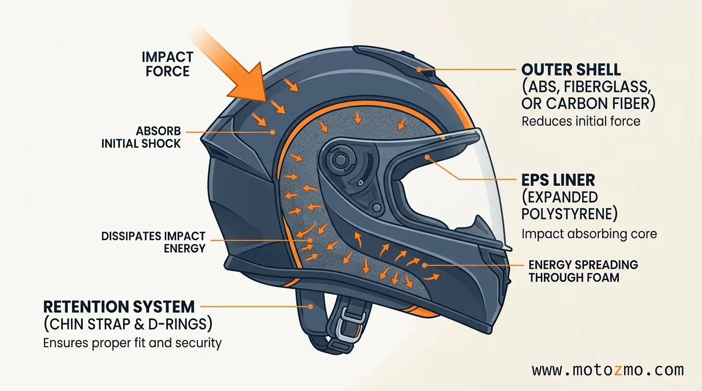 How Well Do Helmets Prevent Motorcycle Head Injuries? 2 Cross-section illustration of a helmet showing how the shell and EPS liner absorb impact forces