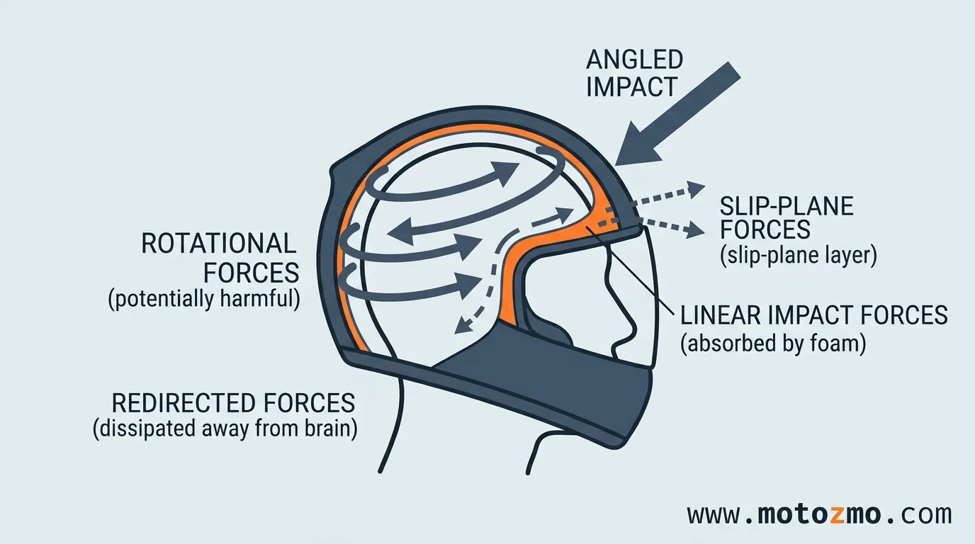 How Well Do Helmets Prevent Motorcycle Head Injuries? 4 Simple illustrative diagram demonstrating how rotational impact technology helps to reduce twisting forces on the brain during an angled impact