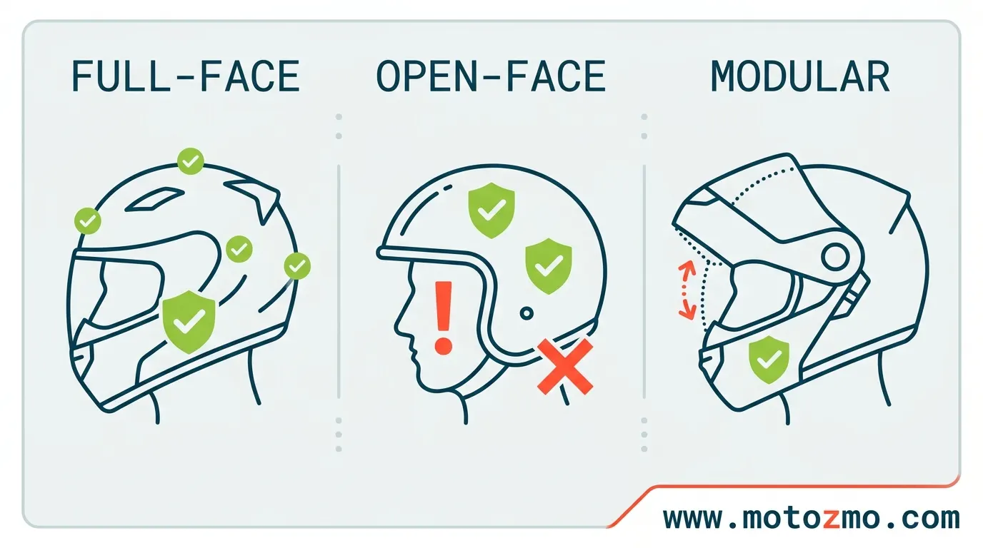 How Well Do Helmets Prevent Motorcycle Head Injuries? 3 Simplified illustration comparing the area of head and face protection offered by full-face, open-face, and modular helmets