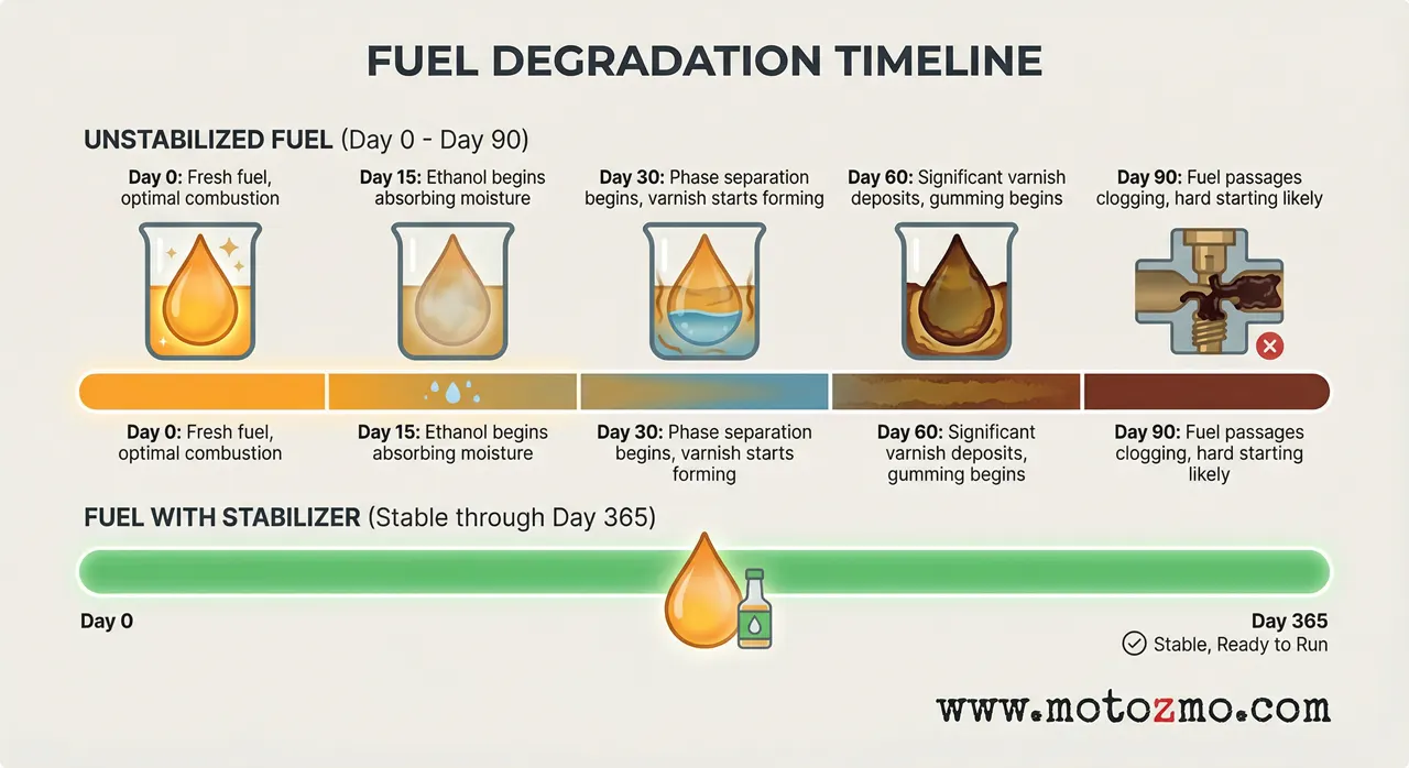 Timeline infographic showing ethanol fuel degradation in motorcycle carburetors from day 0 to day 90 with varnish and water contamination stages