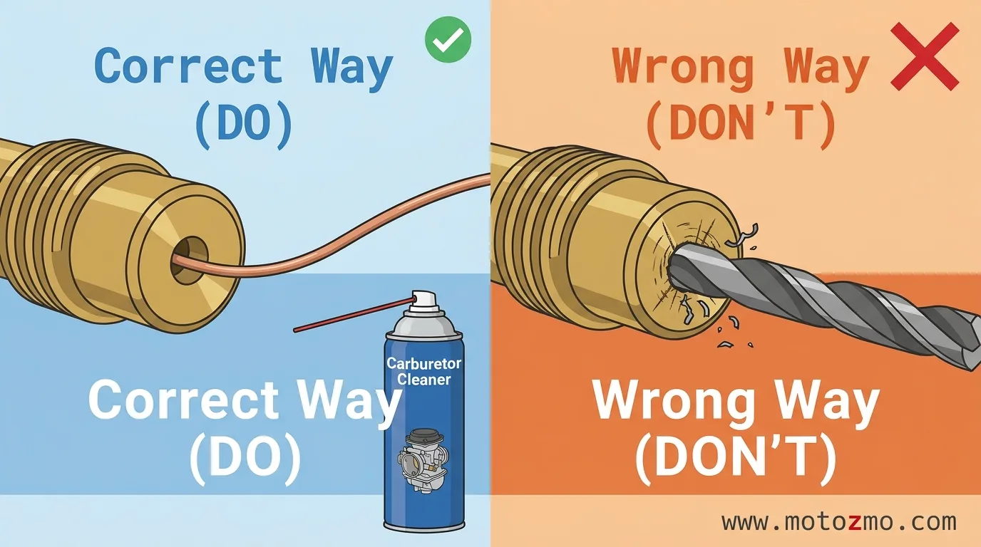 How to Maintain a Motorcycle Carburetor: A Complete Guide 4 Visual guide showing correct copper wire jet cleaning technique versus harmful steel wire usage
