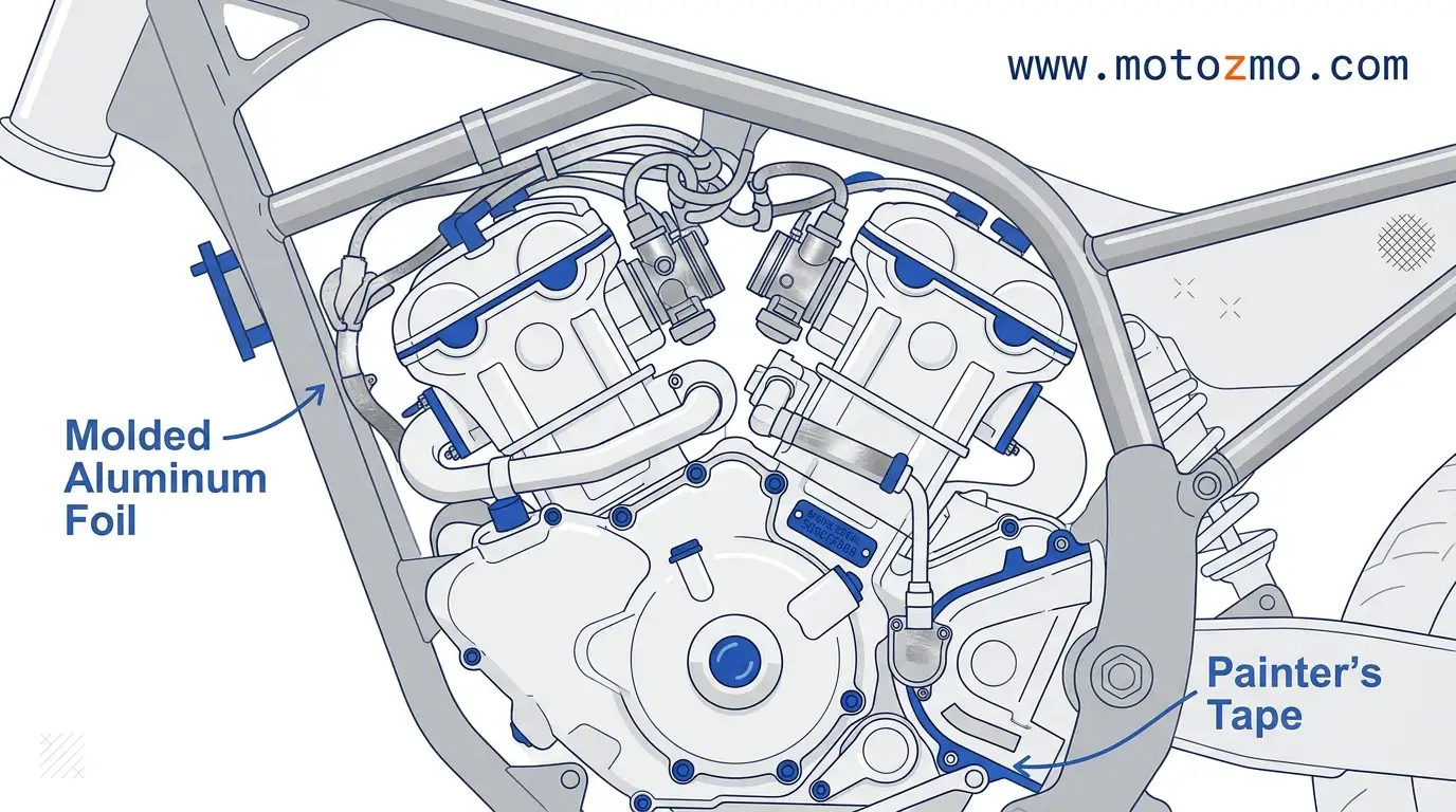 How to Paint a Motorcycle Engine (Without Ruining It) 2 Technical diagram showing where to apply aluminum foil and masking tape on a frame-mounted motorcycle engine