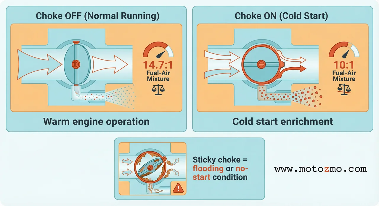 Diagram showing motorcycle carburetor choke operation with plate open for normal running and closed for cold start fuel enrichment
