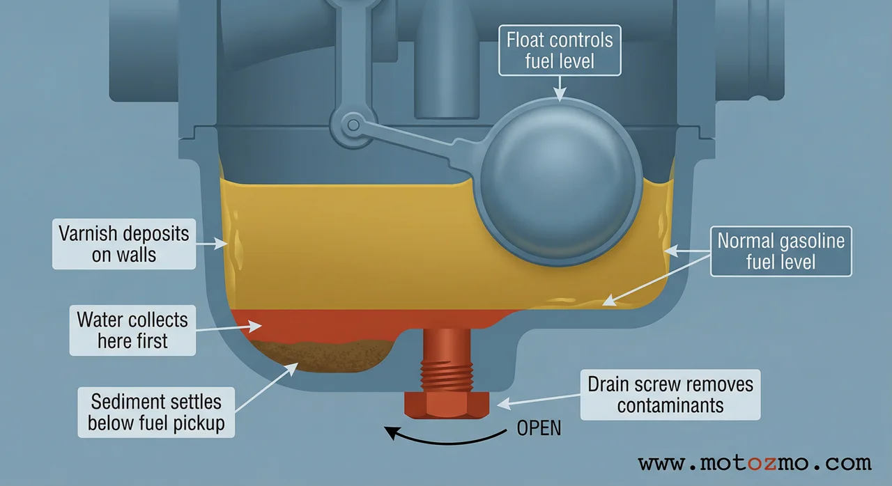 Cross-section diagram of motorcycle carburetor float bowl showing water and sediment accumulation zones with drain screw location