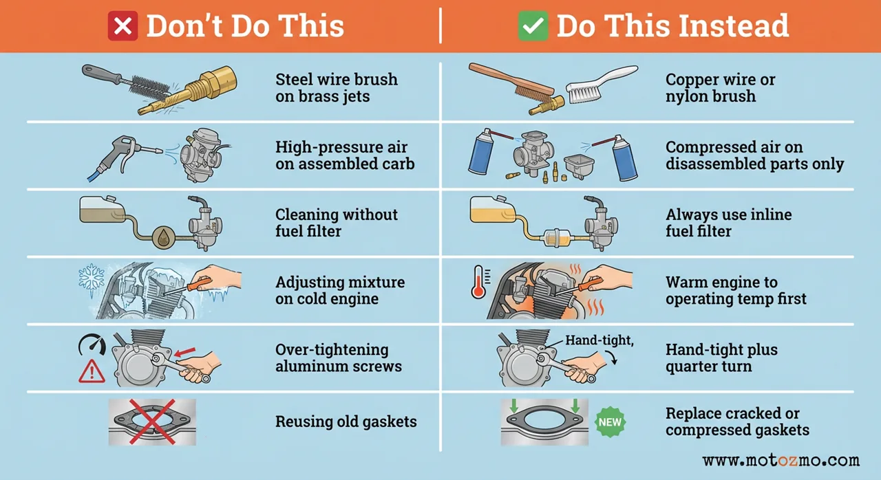 Comparison graphic showing common motorcycle carburetor maintenance mistakes to avoid including using steel wire on jets and over-tightening screws