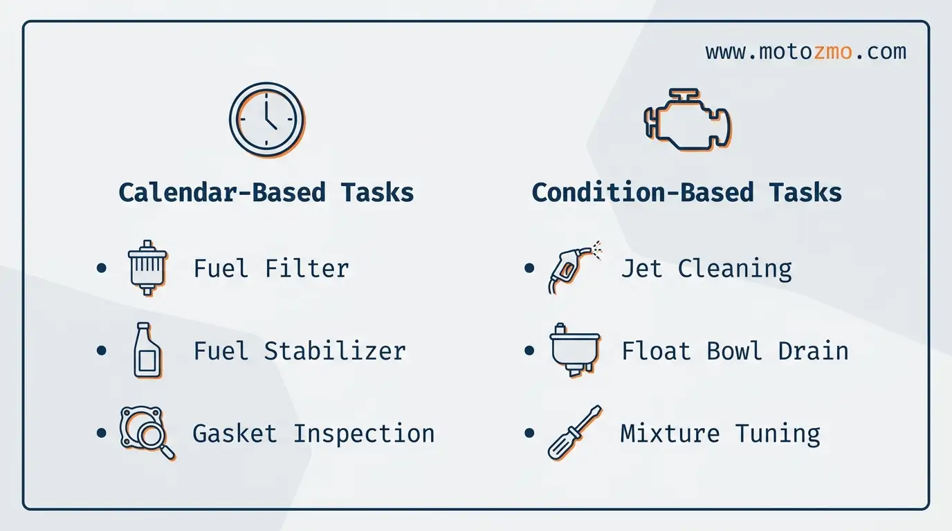 How to Maintain a Motorcycle Carburetor: A Complete Guide 2 Infographic comparing calendar-based versus condition-based motorcycle carburetor maintenance tasks