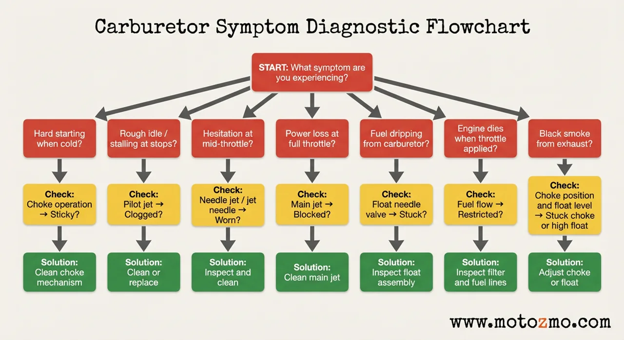 Diagnostic flowchart for motorcycle carburetor problems showing symptoms like hard starting, rough idle, and power loss with causes and solutions