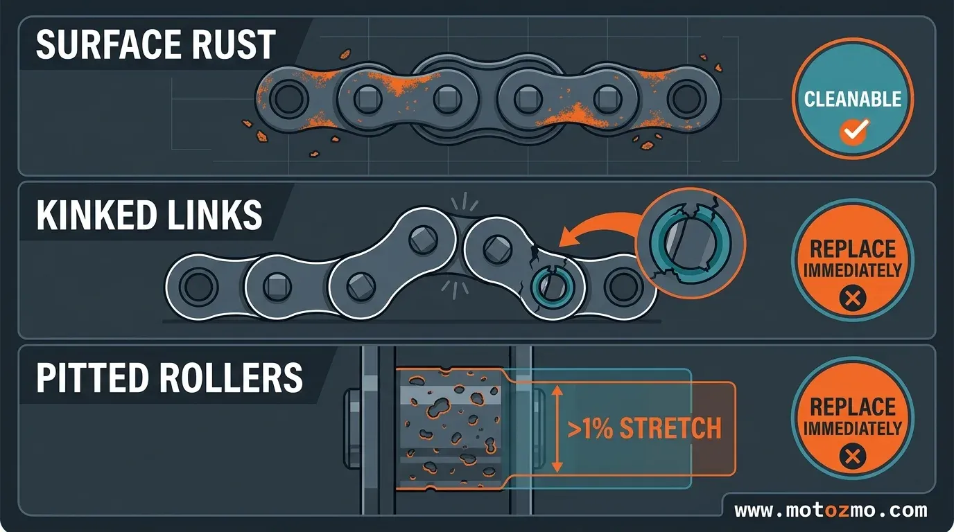 How to Remove Rust from Motorcycle Chain: Sealed vs Non-Sealed 2 Diagram showing differences between surface rust on motorcycle chains versus kinked links and pitted rollers