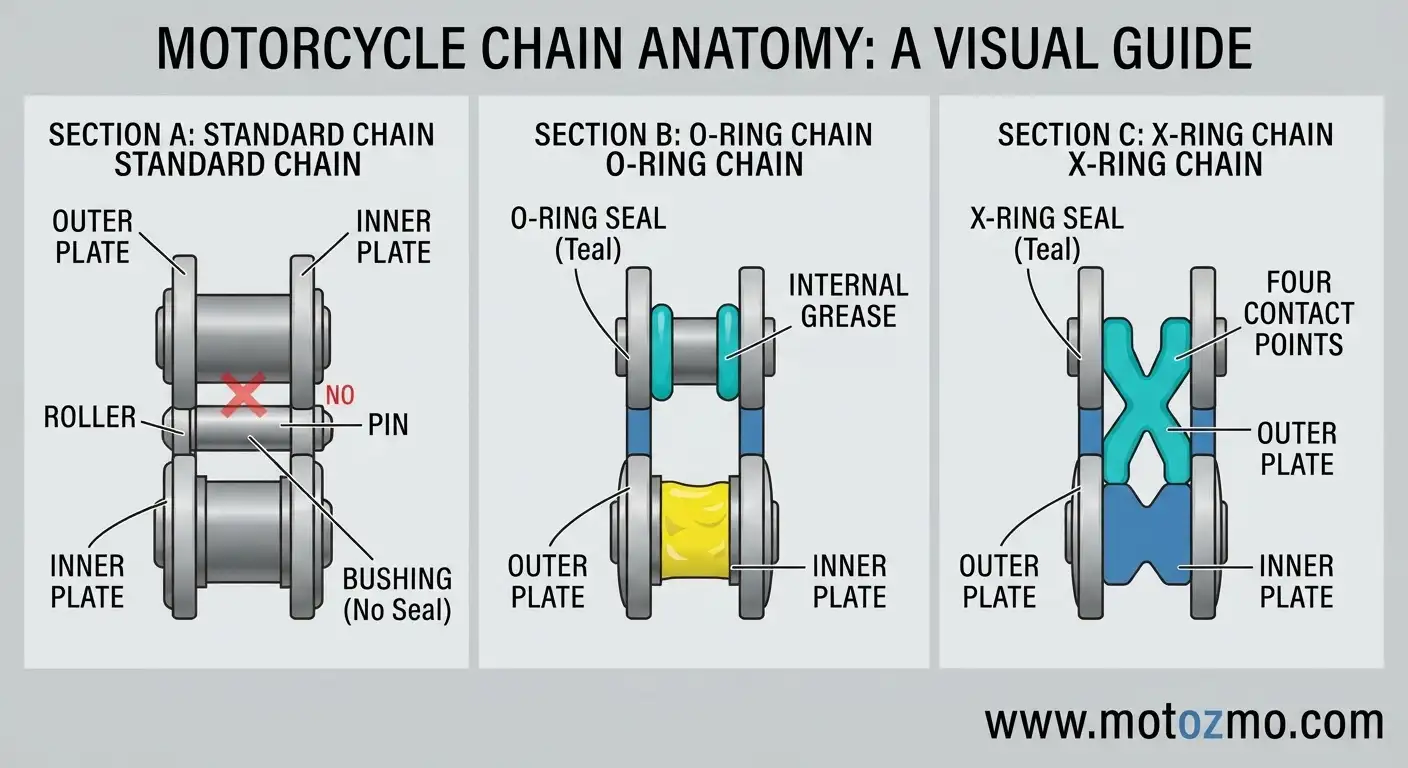 How to Remove Rust from Motorcycle Chain: Sealed vs Non-Sealed 3 Cross-section diagram comparing standard plain, O-ring, and X-ring motorcycle chain rubber seals