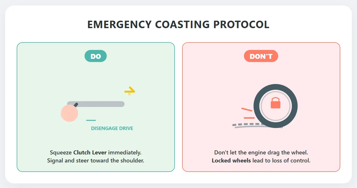 Safety illustration showing how to safely coast a motorcycle to the shoulder after engine failure
