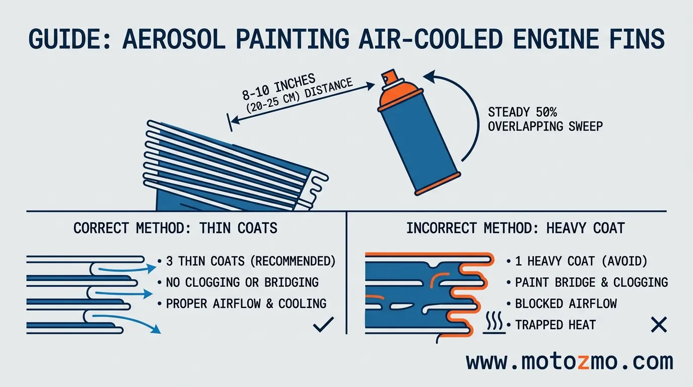How to Paint a Motorcycle Engine (Without Ruining It) 3 Illustration of 8 to 10 inch spray distance and 50 percent overlap pass over motorcycle engine cooling fins