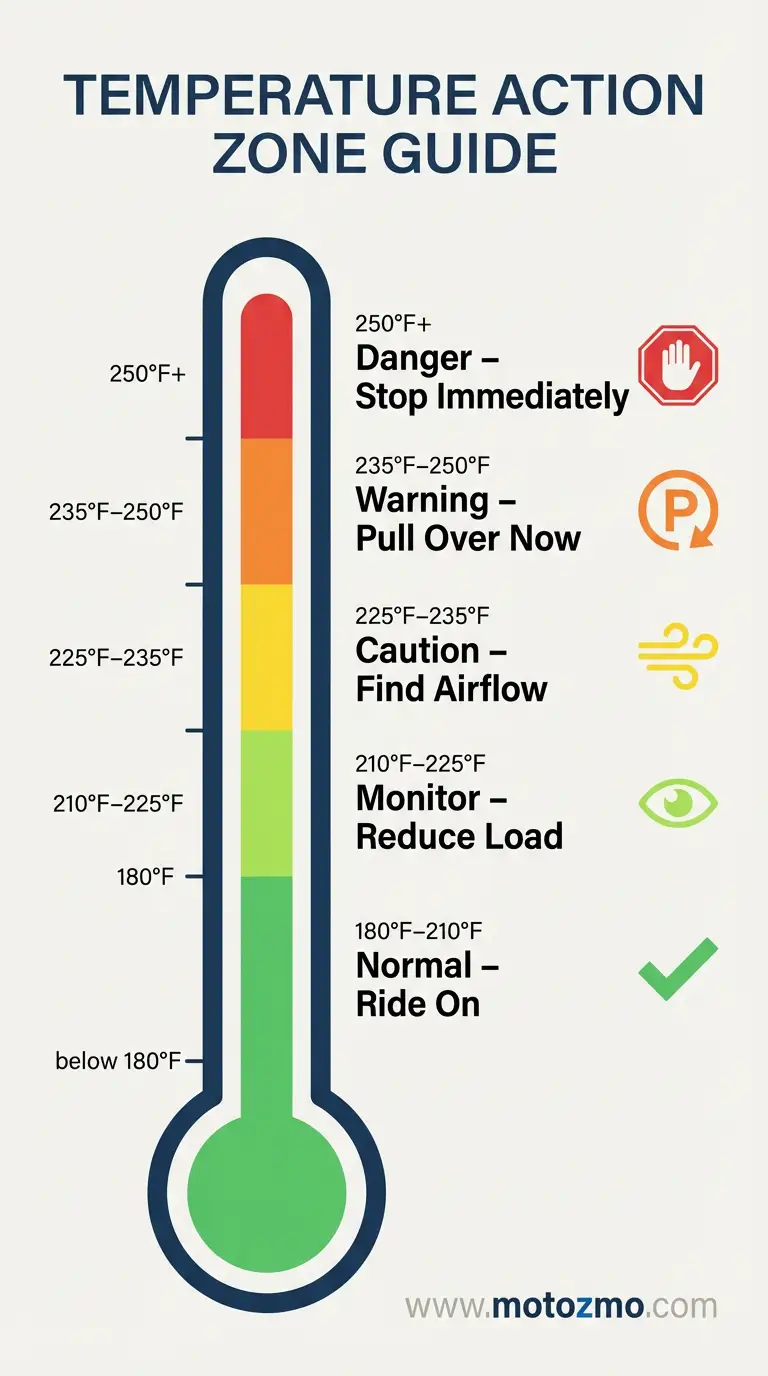 How Hot Does a Motorcycle Engine Get? Normal vs Dangerous 5 Color-coded temperature gauge showing safe, caution, and danger zones for motorcycle engines