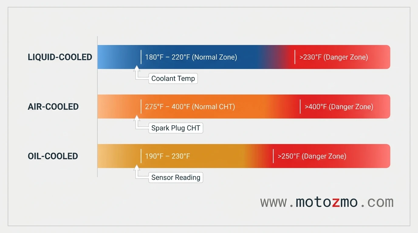 How Hot Should a Motorcycle Engine Run? 2 Comparison chart showing normal and dangerous temperature thresholds for liquid, air, and oil-cooled motorcycle engines